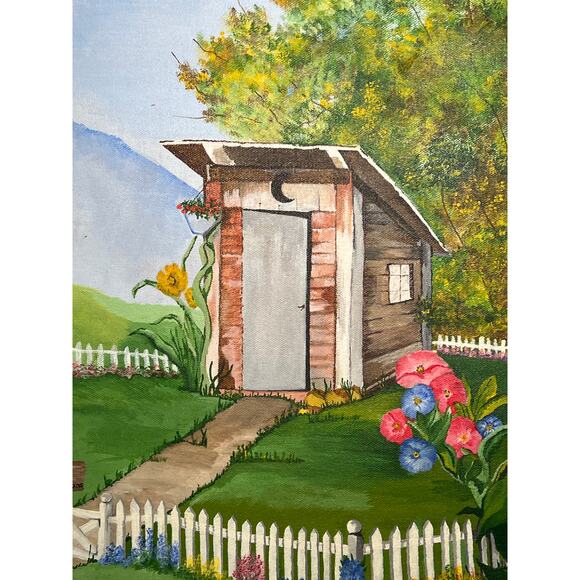 Vintage Painting Outhouse Garden Picket Fence 16x20 Signed Cottagecore Farmhouse - Picture 2 of 5